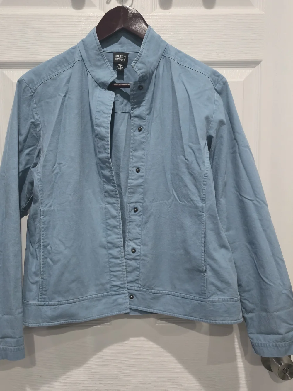 Eileen Fisher 100% Cotton Light Blue Teal Jacket Stand Collar Button Front S